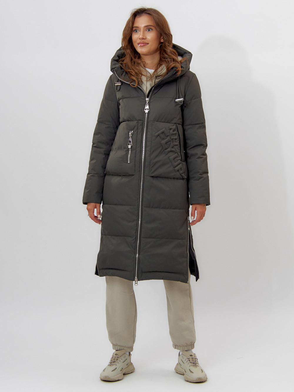 Купить Пальто утепленное женское зимние темно-зеленого цвета 112253TZ