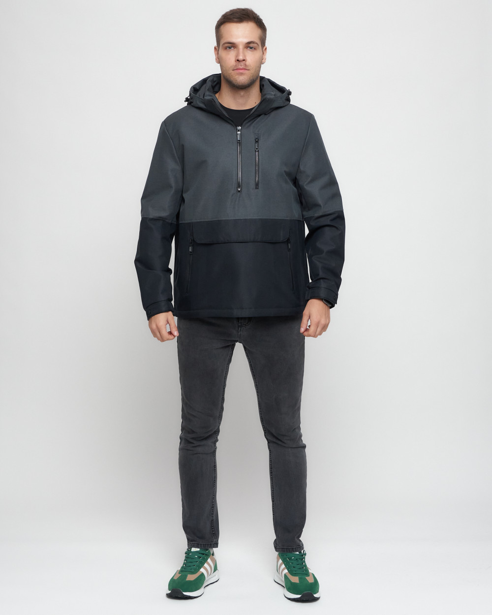 Купить Куртка-анорак спортивная мужская темно-серого цвета 3307TC