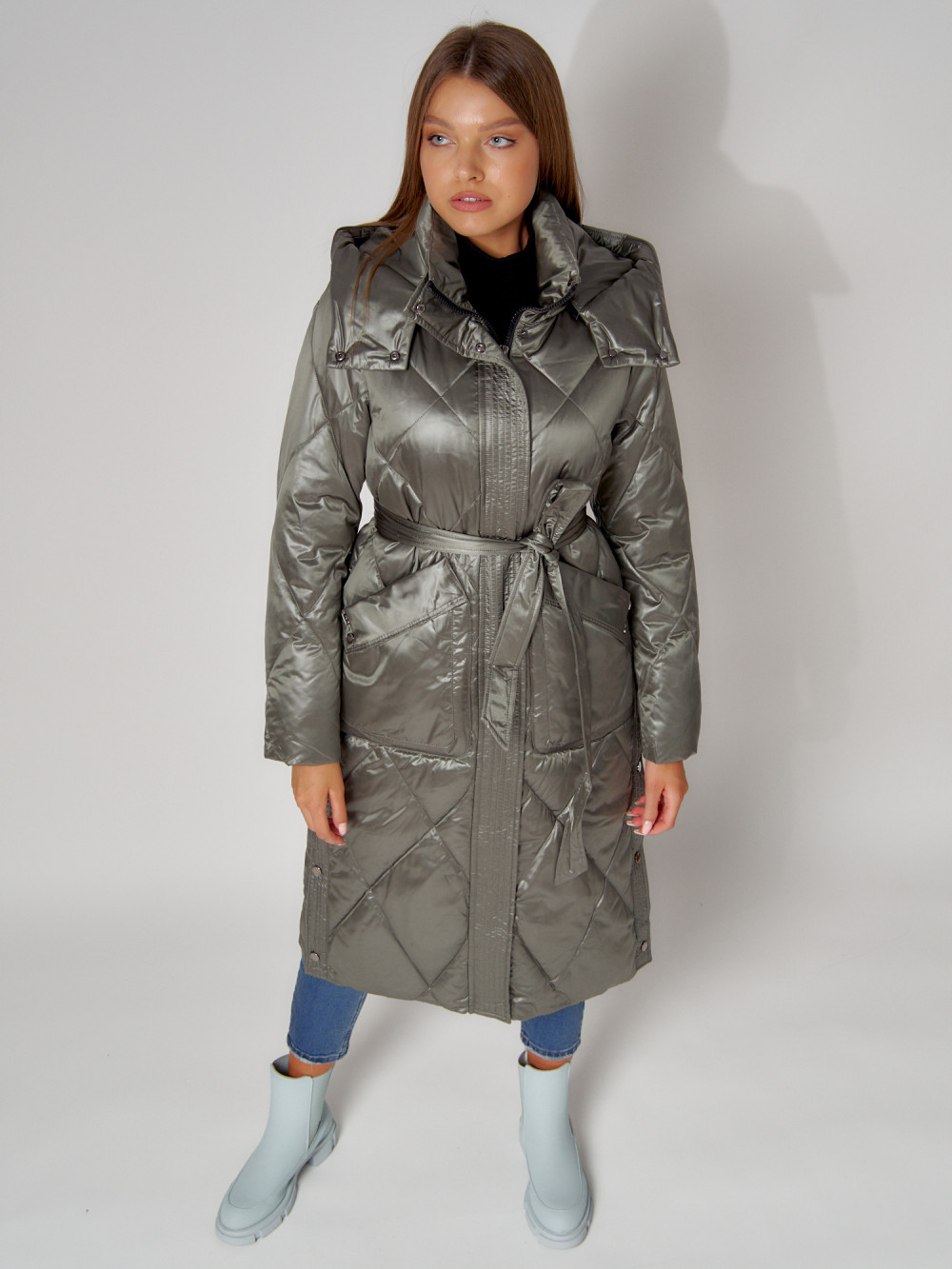 Купить Пальто утепленное стеганое зимнее женское  цвета хаки 448601Kh
