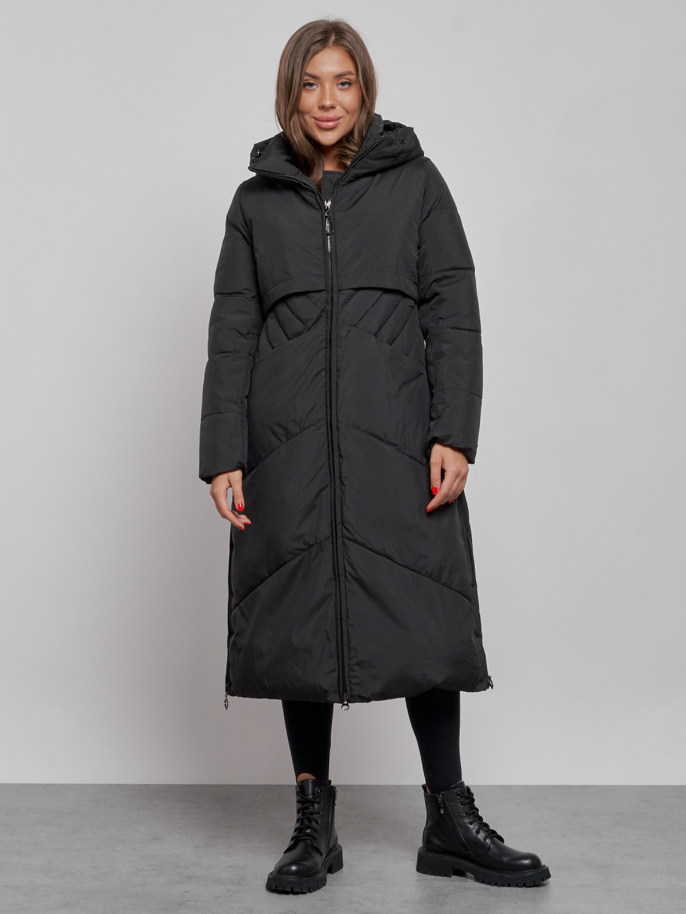 Купить Пальто утепленное молодежное зимнее женское черного цвета 52356Ch