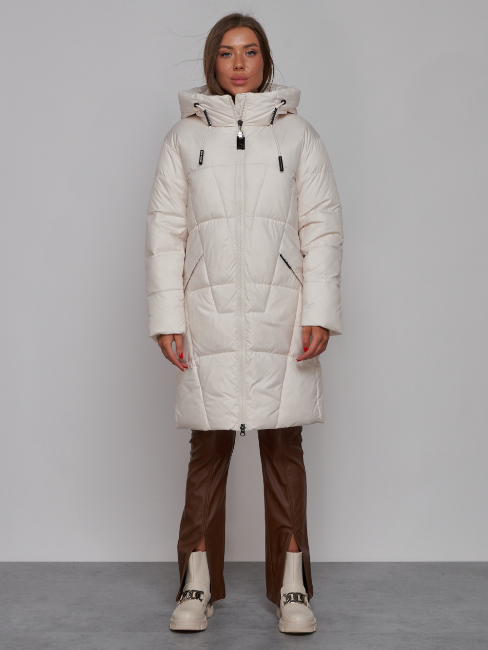 Купить Пальто утепленное молодежное зимнее женское бежевого цвета 586826B