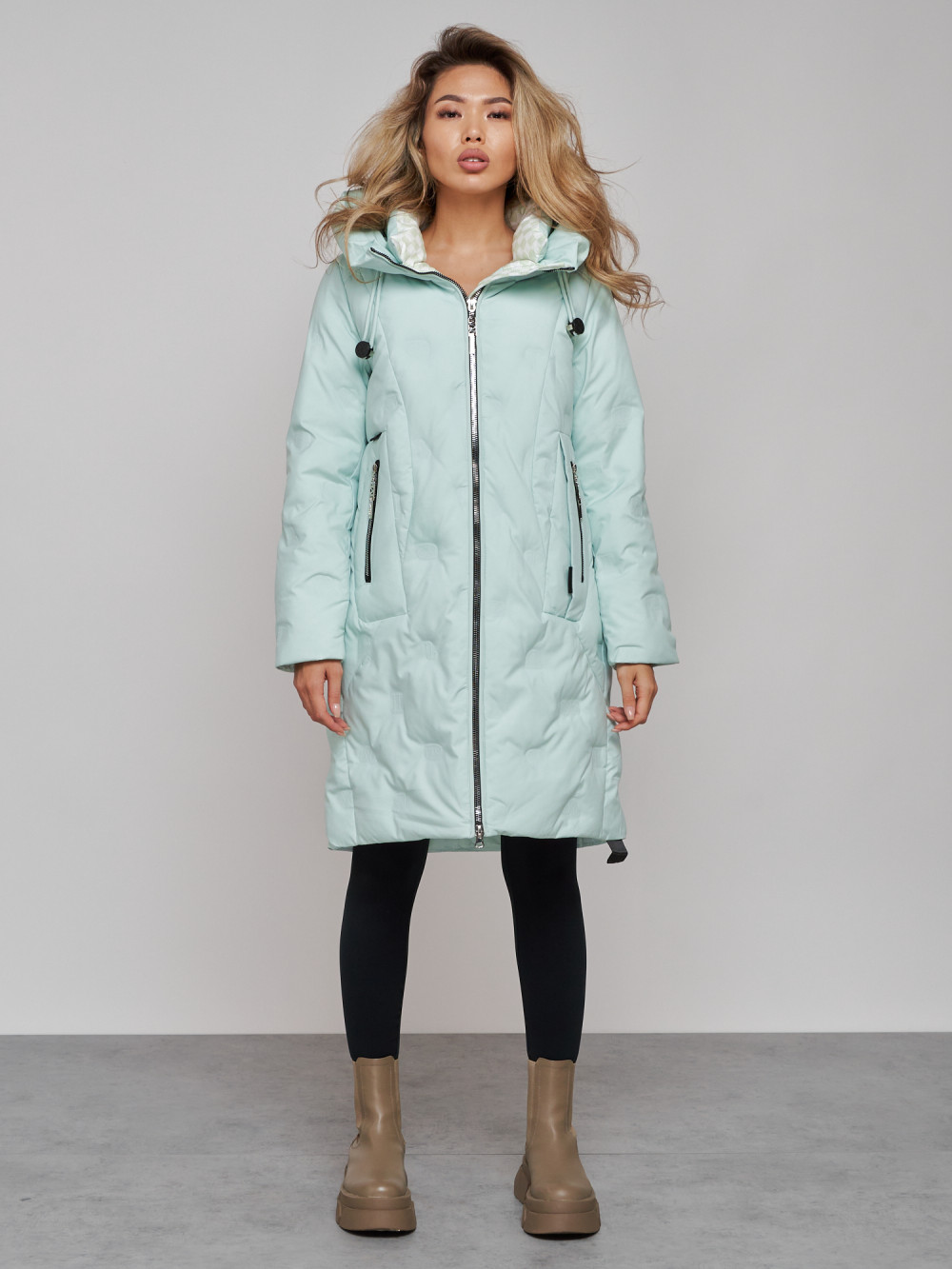 Купить Пальто утепленное молодежное зимнее женское бирюзового цвета 59121Br