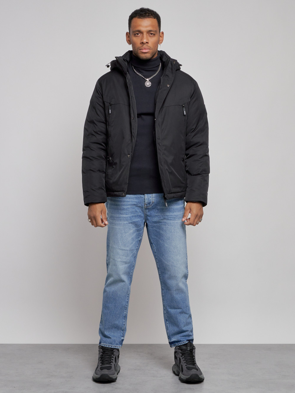 Купить Куртка мужская зимняя с капюшоном спортивная великан черного цвета 8332Ch