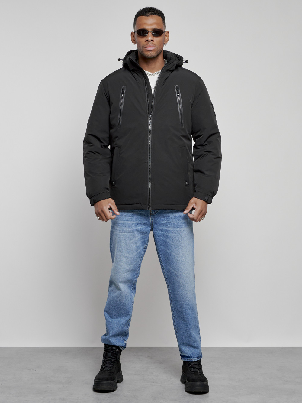 Купить Куртка спортивная мужская зимняя с капюшоном черного цвета 8360Ch