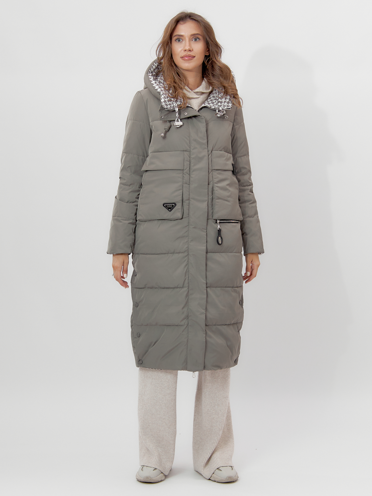Купить Пальто утепленное двухстороннее женское цвета хаки 112272Kh