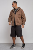 Купить Джинсовая куртка мужская с капюшоном коричневого цвета 126040K, фото 2