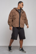 Купить Джинсовая куртка мужская с капюшоном коричневого цвета 126040K, фото 3