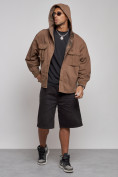 Купить Джинсовая куртка мужская с капюшоном коричневого цвета 126040K, фото 5