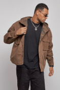 Купить Джинсовая куртка мужская с капюшоном коричневого цвета 126040K, фото 7
