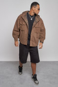 Купить Джинсовая куртка мужская с капюшоном коричневого цвета 126040K, фото 9