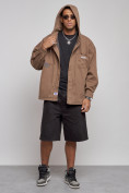Купить Джинсовая куртка мужская с капюшоном коричневого цвета 12768K, фото 5