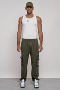 Купить Широкие спортивные брюки трикотажные мужские цвета хаки 12908Kh