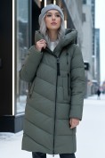 Купить Пальто зимнее утепленное с капюшоном женское цвета хаки 1318Kh