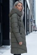 Купить Пальто зимнее утепленное с капюшоном женское цвета хаки 1318Kh, фото 2