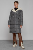 Купить Пальто утепленное с капюшоном зимнее женское темно-серого цвета 1322367TC