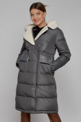 Купить Пальто утепленное с капюшоном зимнее женское темно-серого цвета 1322367TC, фото 13