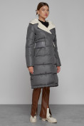 Купить Пальто утепленное с капюшоном зимнее женское темно-серого цвета 1322367TC, фото 3