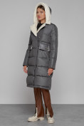 Купить Пальто утепленное с капюшоном зимнее женское темно-серого цвета 1322367TC, фото 5