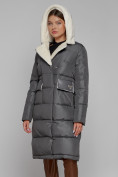Купить Пальто утепленное с капюшоном зимнее женское темно-серого цвета 1322367TC, фото 7