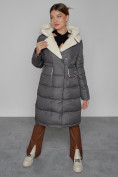 Купить Пальто утепленное с капюшоном зимнее женское темно-серого цвета 1322367TC, фото 8