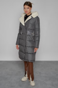 Купить Пальто утепленное с капюшоном зимнее женское темно-серого цвета 1322367TC, фото 9