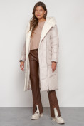 Купить Пальто утепленное с капюшоном зимнее женское бежевого цвета 132255B, фото 5