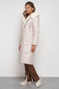 Купить Пальто утепленное с капюшоном зимнее женское бежевого цвета 132255B, фото 3