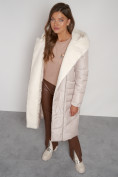 Купить Пальто утепленное с капюшоном зимнее женское бежевого цвета 132255B, фото 27