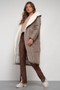Купить Пальто утепленное с капюшоном зимнее женское коричневого цвета 132255K, фото 14