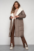 Купить Пальто утепленное с капюшоном зимнее женское коричневого цвета 132255K, фото 16