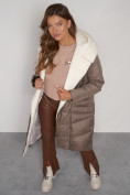 Купить Пальто утепленное с капюшоном зимнее женское коричневого цвета 132255K, фото 17
