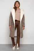 Купить Пальто утепленное с капюшоном зимнее женское коричневого цвета 132255K, фото 20