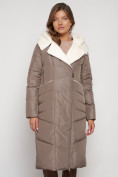 Купить Пальто утепленное с капюшоном зимнее женское коричневого цвета 132255K, фото 6