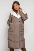 Купить Пальто утепленное с капюшоном зимнее женское коричневого цвета 132255K, фото 9
