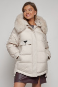 Купить Куртка зимняя женская модная с мехом бежевого цвета 13301B, фото 11