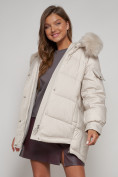 Купить Куртка зимняя женская модная с мехом бежевого цвета 13301B, фото 20