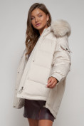 Купить Куртка зимняя женская модная с мехом бежевого цвета 13301B, фото 22