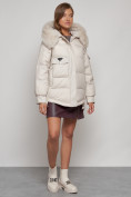 Купить Куртка зимняя женская модная с мехом бежевого цвета 13301B, фото 3