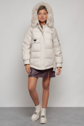 Купить Куртка зимняя женская модная с мехом бежевого цвета 13301B, фото 5