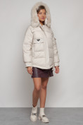 Купить Куртка зимняя женская модная с мехом бежевого цвета 13301B, фото 7