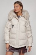 Купить Куртка зимняя женская модная с мехом бежевого цвета 13301B, фото 9