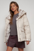 Купить Зимняя женская куртка модная с капюшоном бежевого цвета 133105B, фото 18