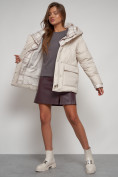 Купить Зимняя женская куртка модная с капюшоном бежевого цвета 133105B, фото 19