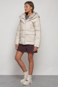 Купить Зимняя женская куртка модная с капюшоном бежевого цвета 133105B, фото 2