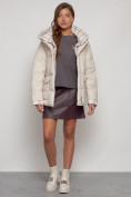 Купить Зимняя женская куртка модная с капюшоном бежевого цвета 133105B, фото 6
