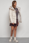 Купить Зимняя женская куртка модная с капюшоном бежевого цвета 133105B, фото 8