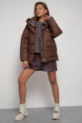 Купить Зимняя женская куртка модная с капюшоном коричневого цвета 133105K, фото 19