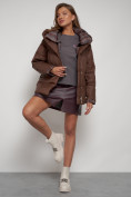 Купить Зимняя женская куртка модная с капюшоном коричневого цвета 133105K, фото 21