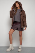 Купить Зимняя женская куртка модная с капюшоном коричневого цвета 133105K, фото 23