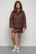 Купить Зимняя женская куртка модная с капюшоном коричневого цвета 133105K, фото 5